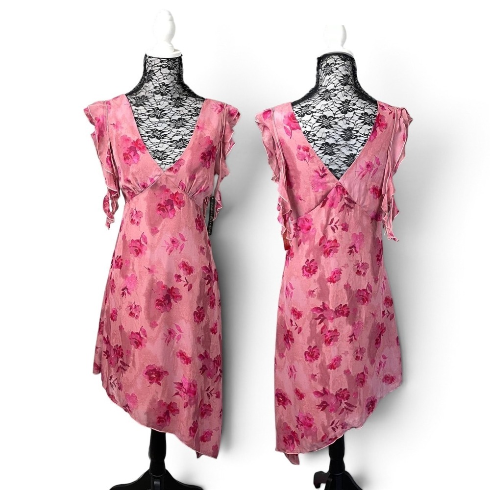NWT Pink Floral Flutter Sleeve V Neck Asymmetrical Midi Dress Large Fairy